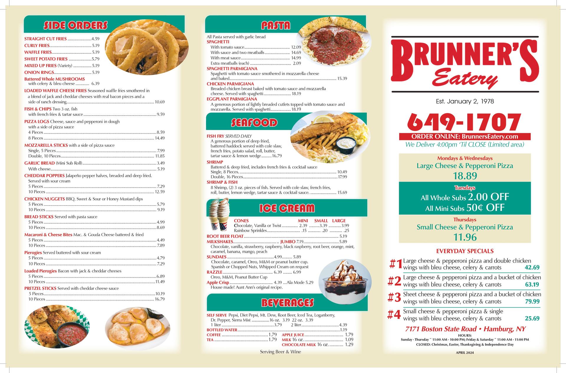 Brunner's Eatery Menu Page 1